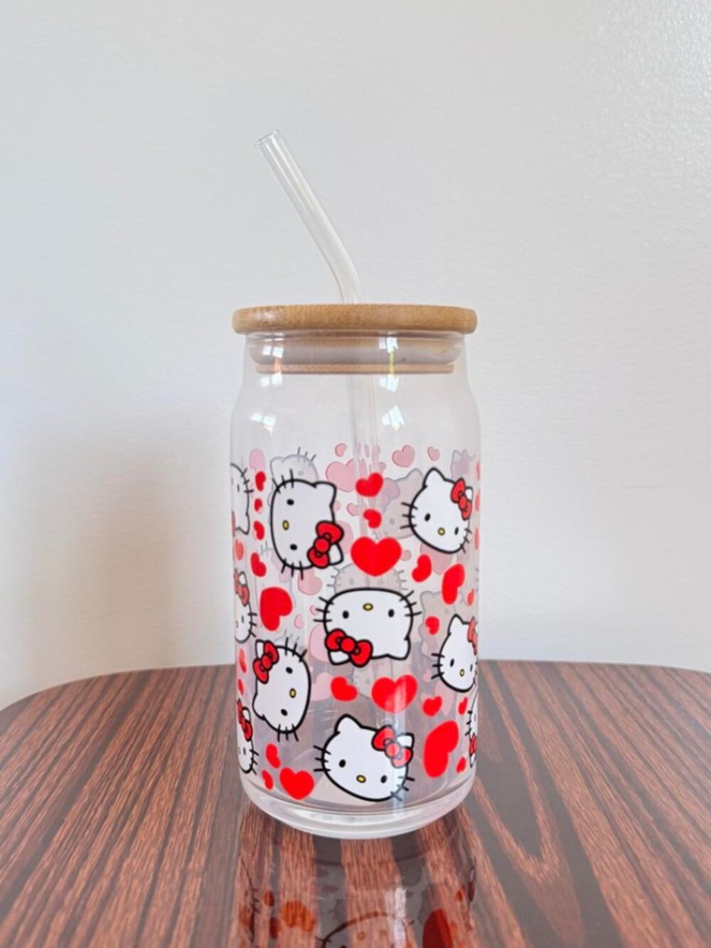 Hello Kitty Heart Print Glass Can Cup Bamboo Lid Glass Straw